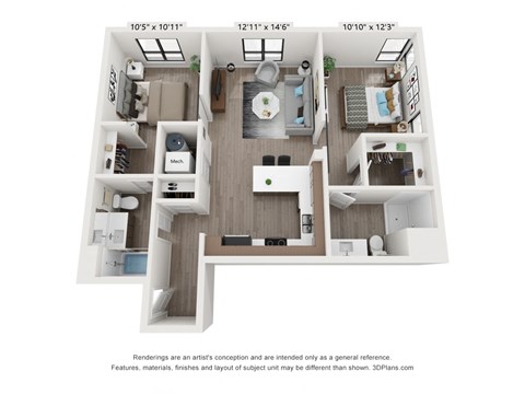 Floor plan for 2 beds, 2 baths, 905 sqft